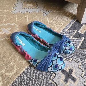 Desigual Funky Vibrant Abstract Graphic Print Blue and Pink Cinch Ballet Flats